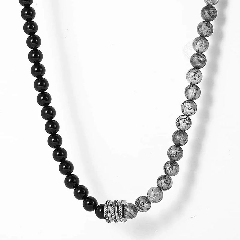 Natural Tiger Eyes Stone Bead Necklace for Men/Women.Toggle Clasp Stainless Steel Charm Black Glass Bead Necklace