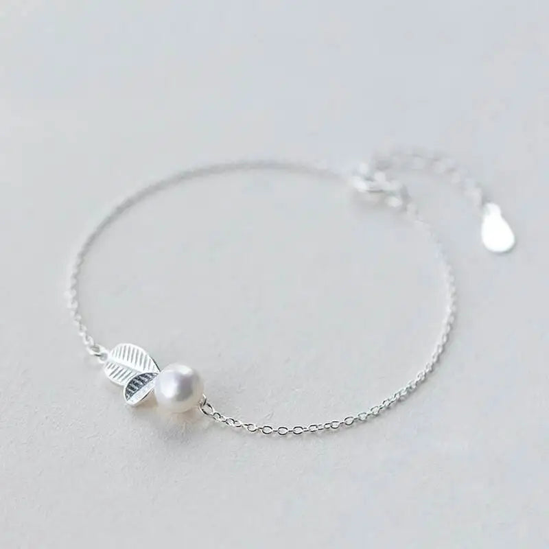 Silver Color Sweet Bud Leaf Simulated Pearl Necklace+Earrings+Bracelet for Women - 3 Pcs Jewelry Sets