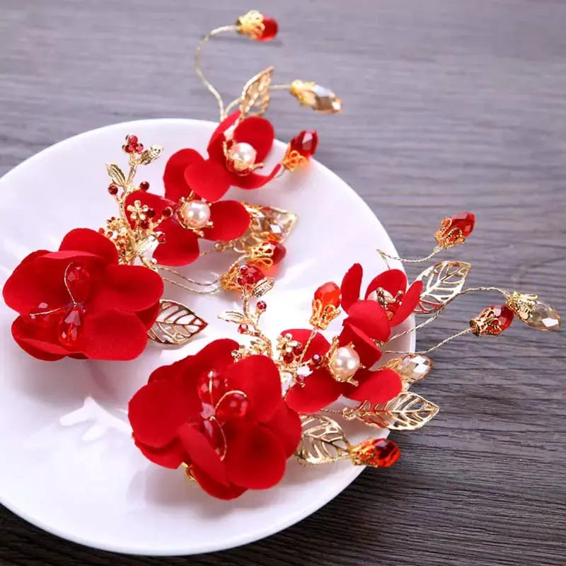 Red Hairpins/Bride Hair Clips - Vintage Chinese Wedding Hair Accessories for Women and Girls-hair accessories-SWEET T 52