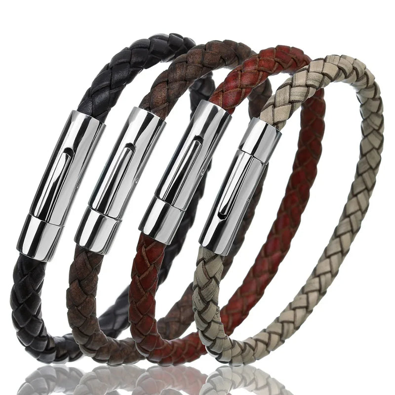 Men's Multicolor Stainless Steel Button Leather Bracelet - DIY & Custom Logo Birthday/Valentine's Day Gift