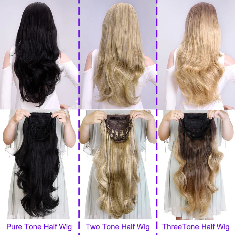 24" Synthetic Half Wigs With Clip in Hair Extensions, Long Wavy Hair, 3/4 Wigs, Heat Resistant