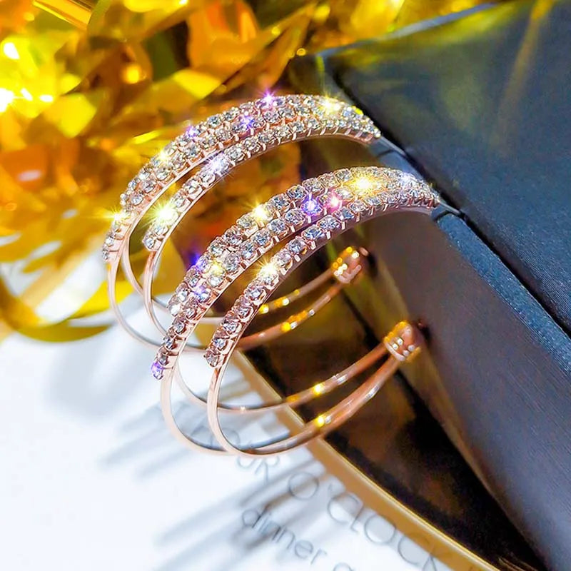 Layered C-shaped  Hoop Earrings for Women. Rose Gold Plated Alloy Statement Rhinestone Crystal, Punk Rock Earrings