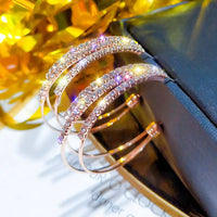 Layered C-shaped  Hoop Earrings for Women. Rose Gold Plated Alloy Statement Rhinestone Crystal, Punk Rock Earrings