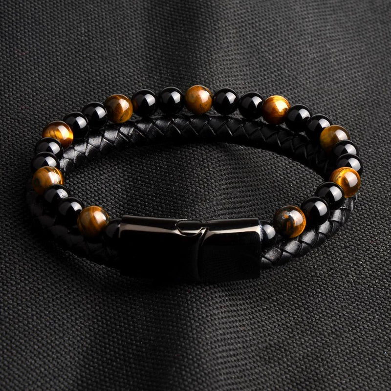 Round/Natural Stone/Genuine Leather/Tiger Eye Beads Bracelet for Men and Women with Magnetic Stainless Steel Clasp