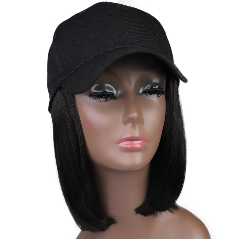 8-Inch Synthetic Baseball Cap Wig Hair with Straight Bob, Adjustable Cap Wig for Women and Girls