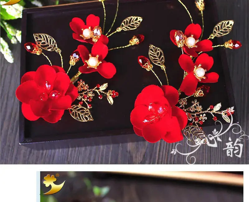 Red Hairpins/Bride Hair Clips - Vintage Chinese Wedding Hair Accessories for Women and Girls-hair accessories-SWEET T 52