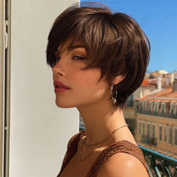 Dark Brown Layered Synthetic Short Wig with Bangs, 8 Inches