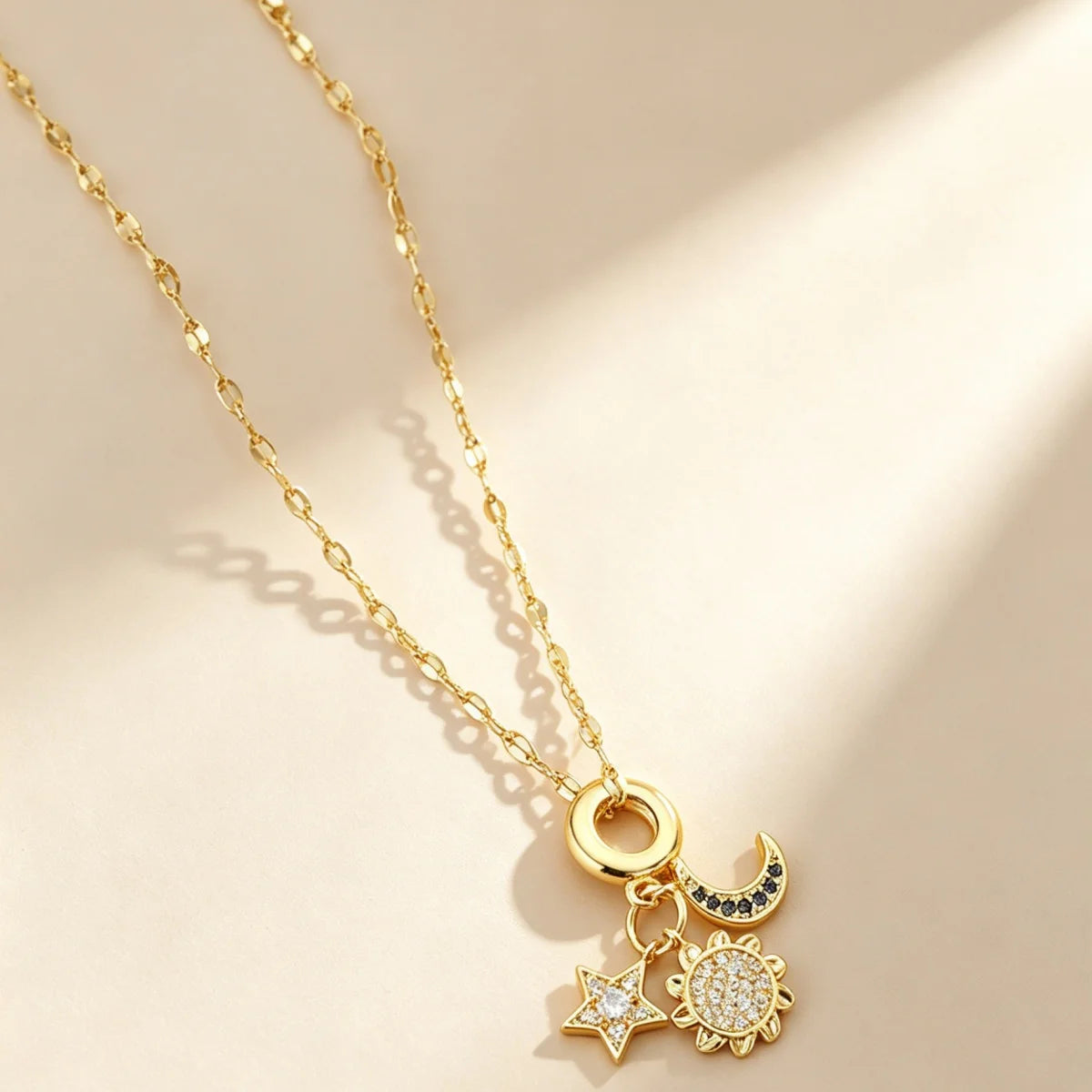 Celestial Sun, Star & Moon Zirconia Pendant Necklace - Gold Stainless Steel