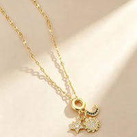 Celestial Sun, Star & Moon Zirconia Pendant Necklace - Gold Stainless Steel