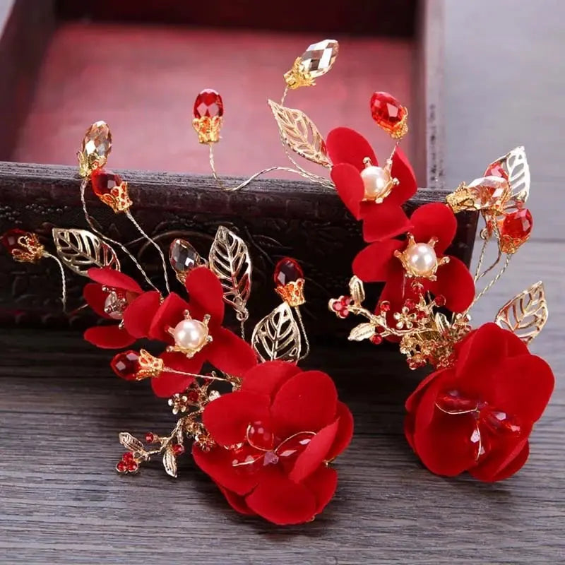 Red Hairpins/Bride Hair Clips - Vintage Chinese Wedding Hair Accessories for Women and Girls-hair accessories-SWEET T 52