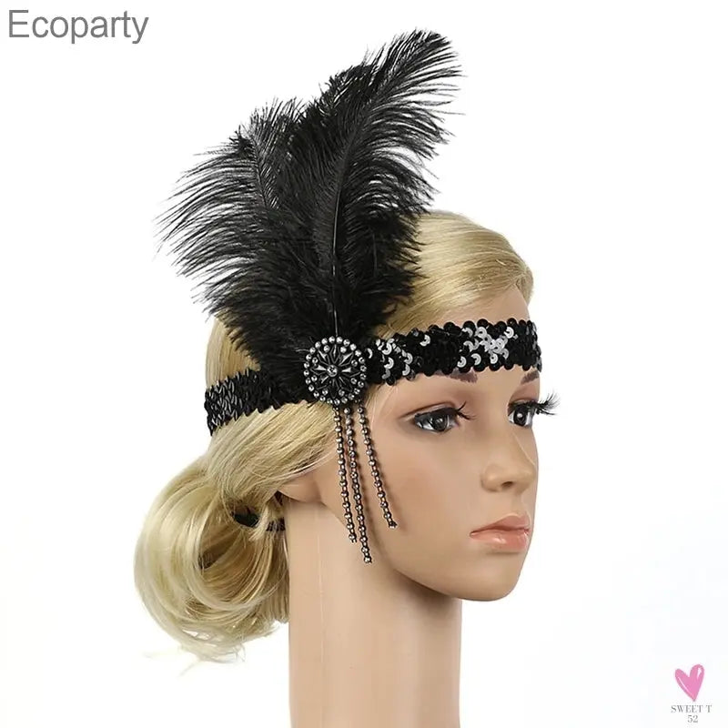 Hair Accessories - Peacock, Black Rhinestone, Beaded, Sequin 1920s Vintage Gatsby Party Headpieces for Women Sweet T 52