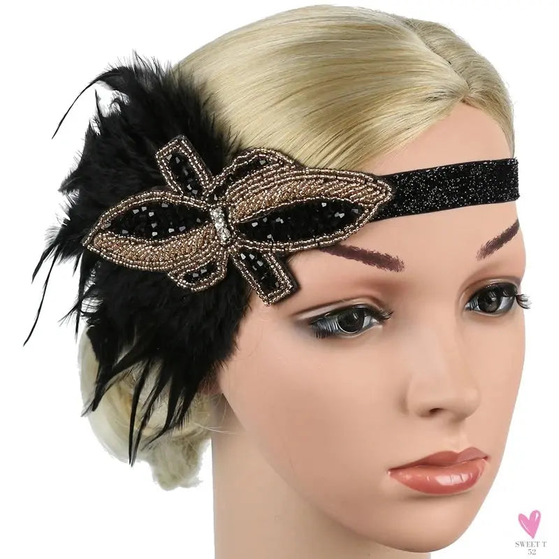 Hair Accessories - Peacock, Black Rhinestone, Beaded, Sequin 1920s Vintage Gatsby Party Headpieces for Women Sweet T 52