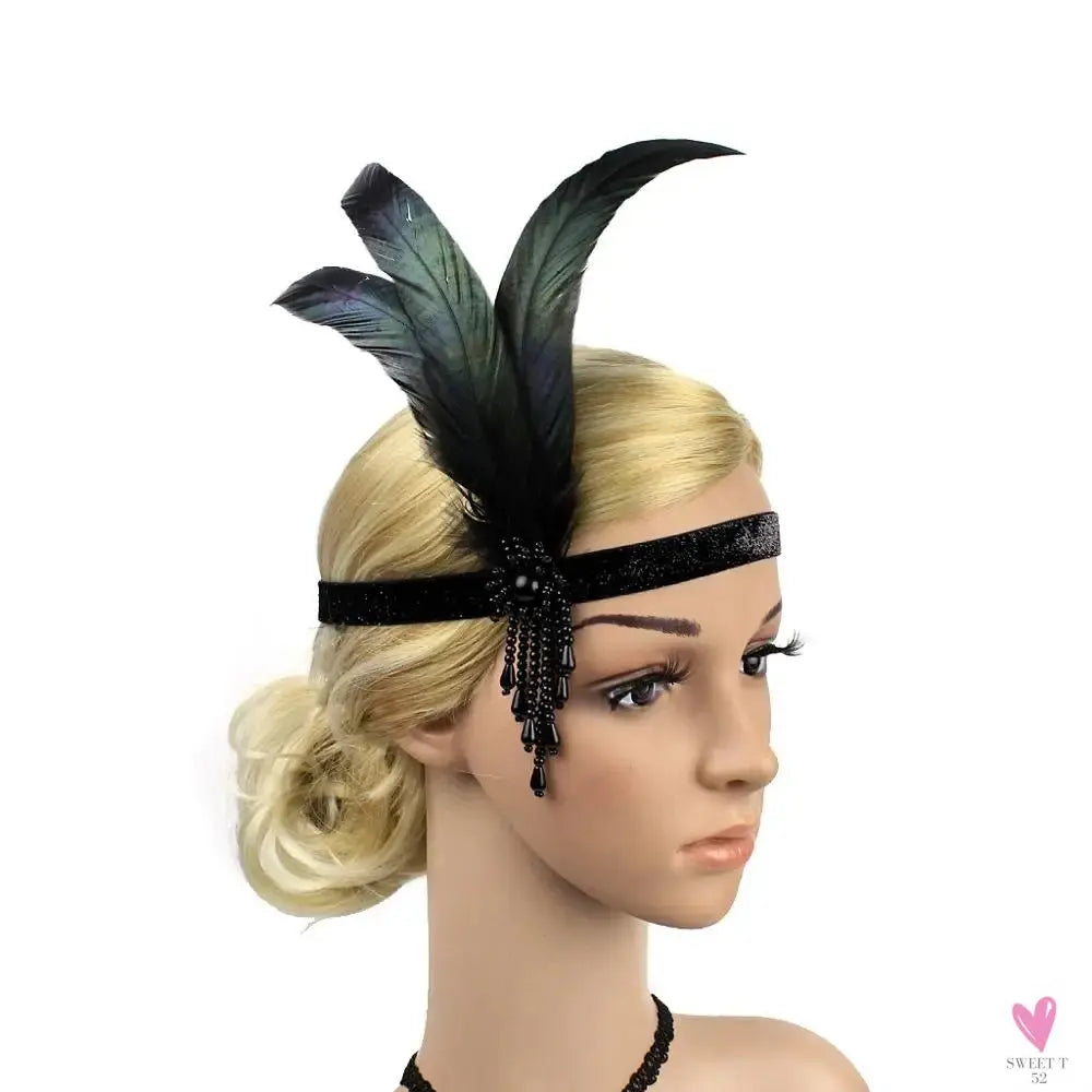 Hair Accessories - Peacock, Black Rhinestone, Beaded, Sequin 1920s Vintage Gatsby Party Headpieces for Women Sweet T 52