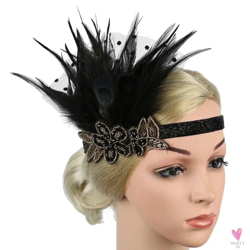 Hair Accessories - Peacock, Black Rhinestone, Beaded, Sequin 1920s Vintage Gatsby Party Headpieces for Women Sweet T 52