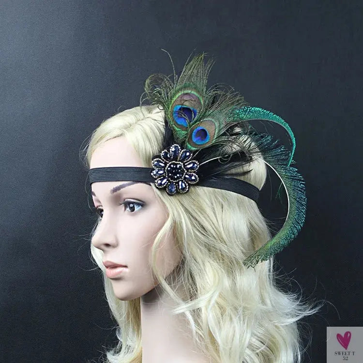Hair Accessories - Peacock, Black Rhinestone, Beaded, Sequin 1920s Vintage Gatsby Party Headpieces for Women Sweet T 52