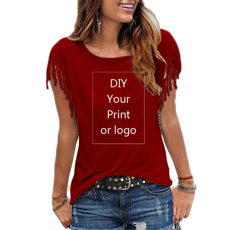 Women's Casual Cotton Tassel DIY T-Shirt With O-Neck in 7 Solid Colors-Shirts & tops-SWEET T 52