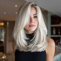 New 22-inch Ladies' Wig - Natural Bangs, White Gold Highlights, Straight Style, Transparent for Daily Wear