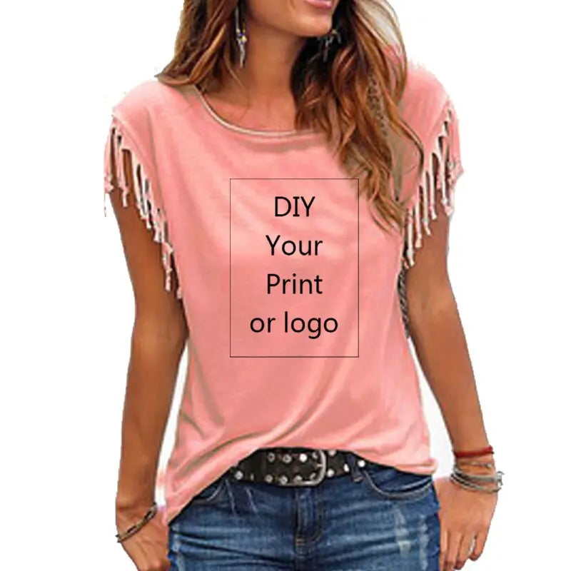 Women's Casual Cotton Tassel DIY T-Shirt With O-Neck in 7 Solid Colors-Shirts & tops-SWEET T 52