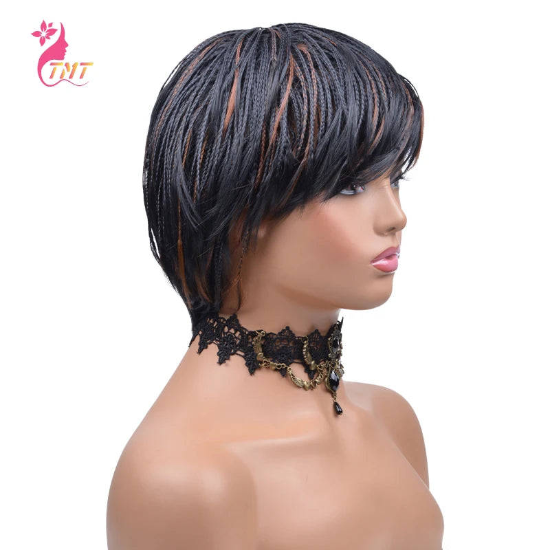 Short Braided Synthetic Wigs with Bangs for Women and Girls. Heat Resistant Fiber, Ombre, Short Box Braided Wigs