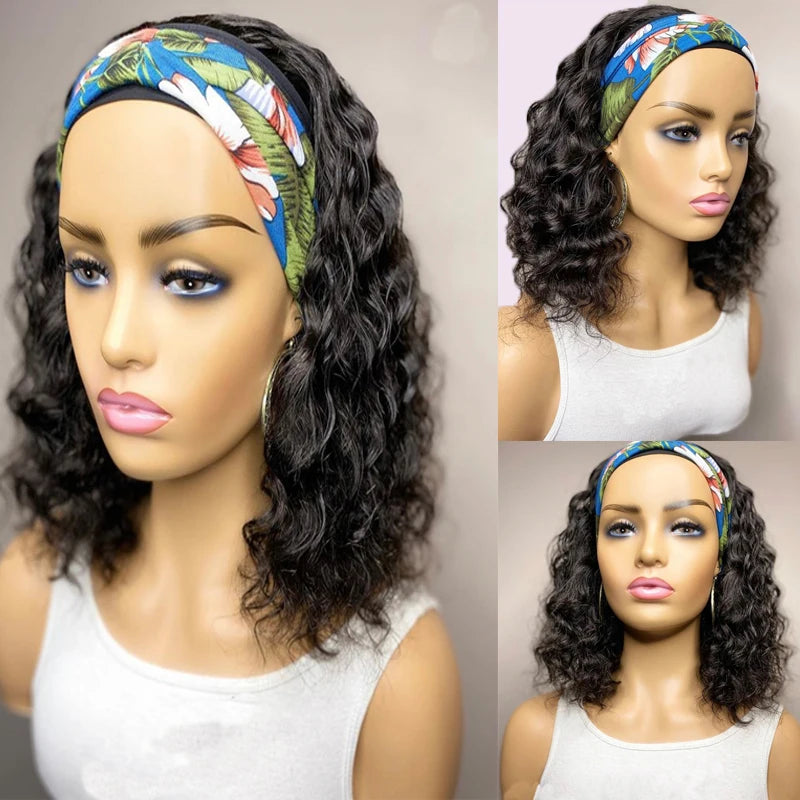 Curly Headband Wig,  Short Human Hair Wig for Women & Girls, Brazilian Remy Human Hair Bob