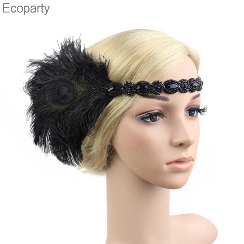 Hair Accessories - Peacock, Black Rhinestone, Beaded, Sequin 1920s Vintage Gatsby Party Headpieces for Women