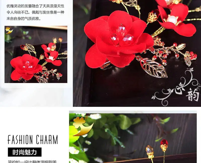 Red Hairpins/Bride Hair Clips - Vintage Chinese Wedding Hair Accessories for Women and Girls-hair accessories-SWEET T 52