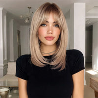 New Beautiful Temperament - 18 Inch Brown Gradient High-gloss Wig, Natural Bangs, Heat-Resistant Fiber