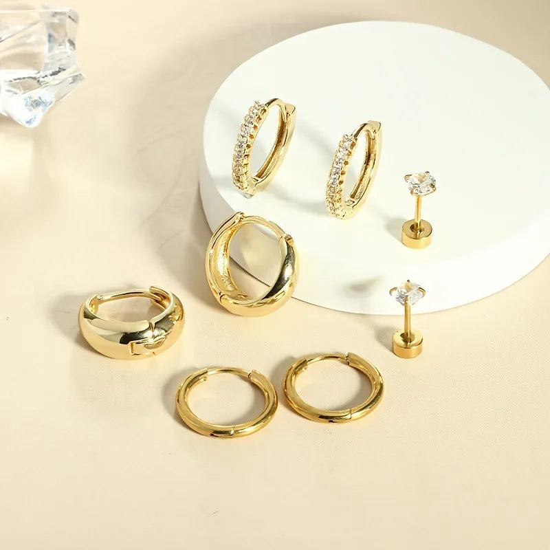 4 Pair of Stainless Steel Earrings for Women. Gold Plated Jewelry, CZ Fashion Hoop Earrings, Perfect for Daily Wear or Gifting