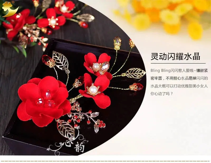 Red Hairpins/Bride Hair Clips - Vintage Chinese Wedding Hair Accessories for Women and Girls-hair accessories-SWEET T 52