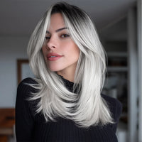 New 22-inch Ladies' Wig - Natural Bangs, White Gold Highlights, Straight Style, Transparent for Daily Wear