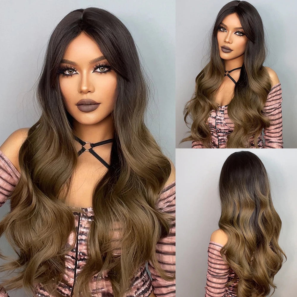 EASIHAIR Light Orange Synthetic Wigs Long Wavy Ombre Natural Hair Wigs with Bangs for Women Cosplay Lolita Wig Heat Resistant SWEET T 52