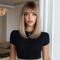 New Beautiful Temperament - 18 Inch Brown Gradient High-gloss Wig, Natural Bangs, Heat-Resistant Fiber