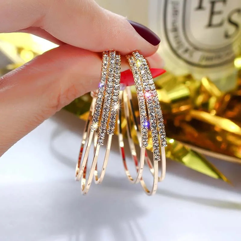 Layered C-shaped  Hoop Earrings for Women. Rose Gold Plated Alloy Statement Rhinestone Crystal, Punk Rock Earrings