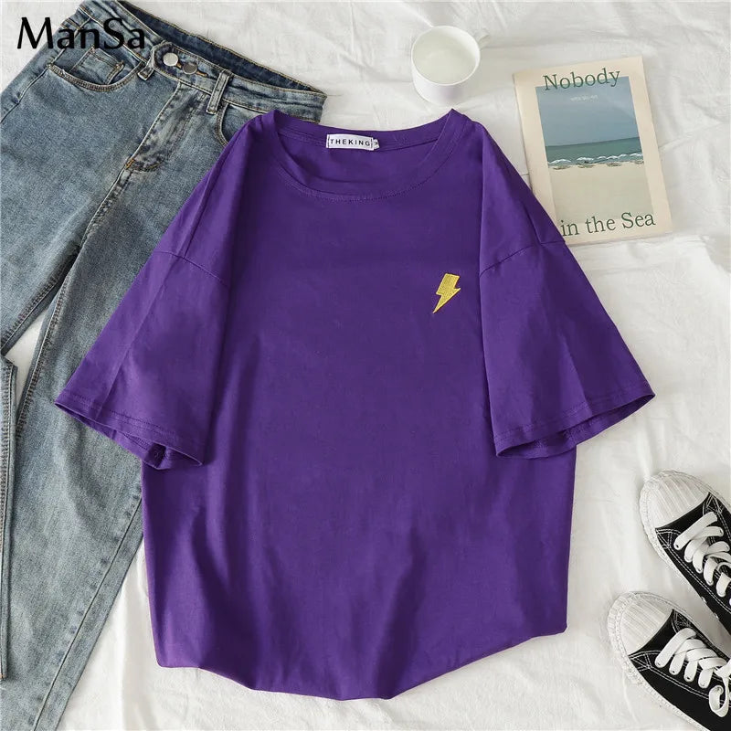 Embroidered Loose T Shirts for Spring/Summer, Short Sleeve Simple T-shirts for Women