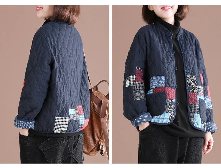 Short Patchwork Jacket for Women and Girls with V-Neck, Single Breast Closure