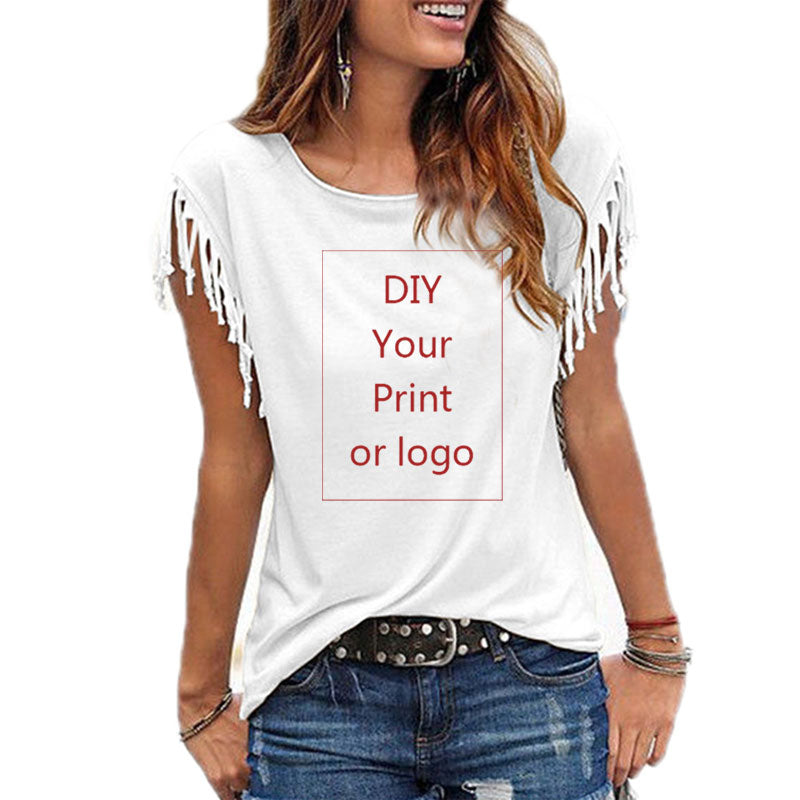 Women's Casual Cotton Tassel DIY T-Shirt With O-Neck in 7 Solid Colors