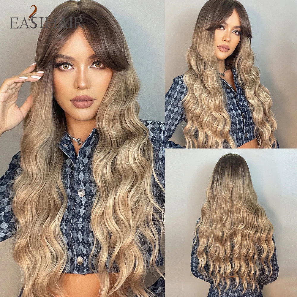 EASIHAIR Light Orange Synthetic Wigs Long Wavy Ombre Natural Hair Wigs with Bangs for Women Cosplay Lolita Wig Heat Resistant SWEET T 52