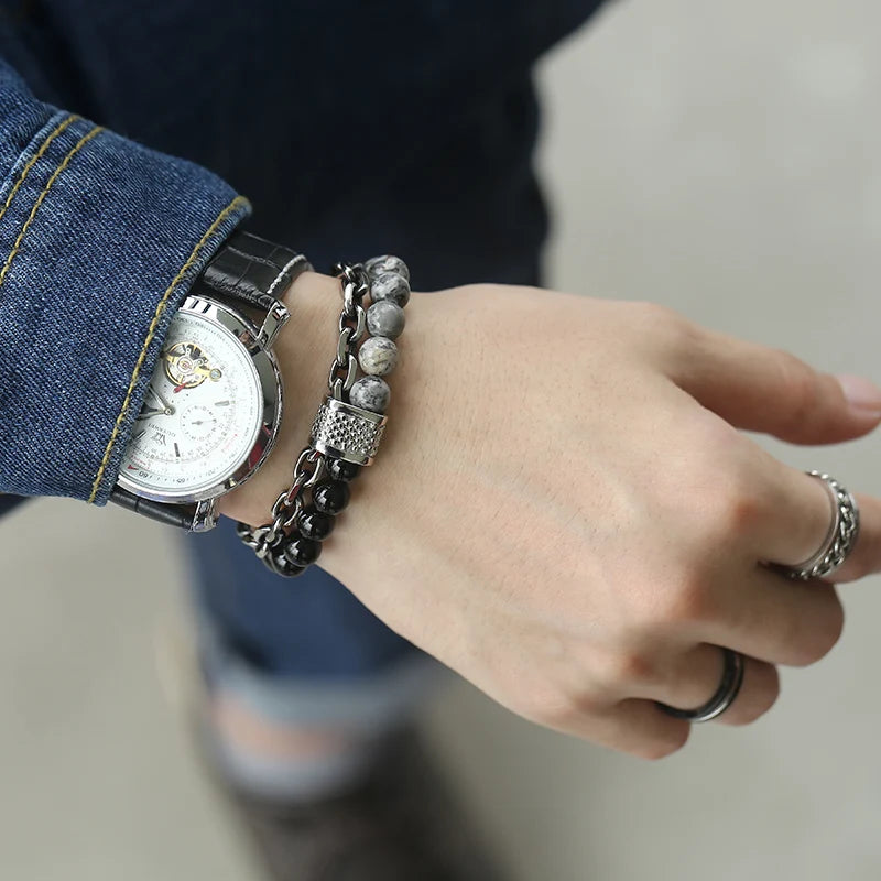 Natural Map Stone Men/Women's Beaded Bracelet, Stainless Steel Bracelets, Unisex Jewelry - Tiger Eyes