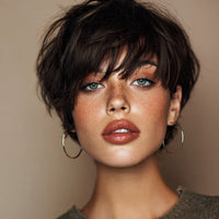 Dark Brown Layered Synthetic Short Wig with Bangs, 8 Inches