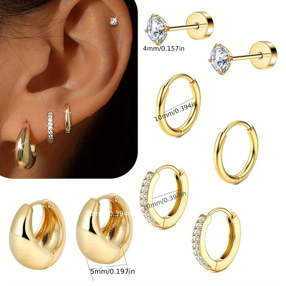 4 Pair of Stainless Steel Earrings for Women. Gold Plated Jewelry, CZ Fashion Hoop Earrings, Perfect for Daily Wear or Gifting