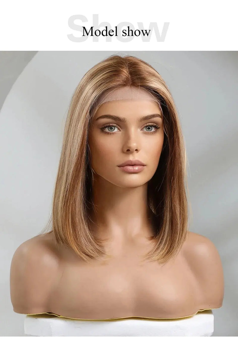 Human Hair 13x1 Lace Front Wig for Women & Girls, Shoulder Length Bob {Straight} with Highlights - Heat Resistant