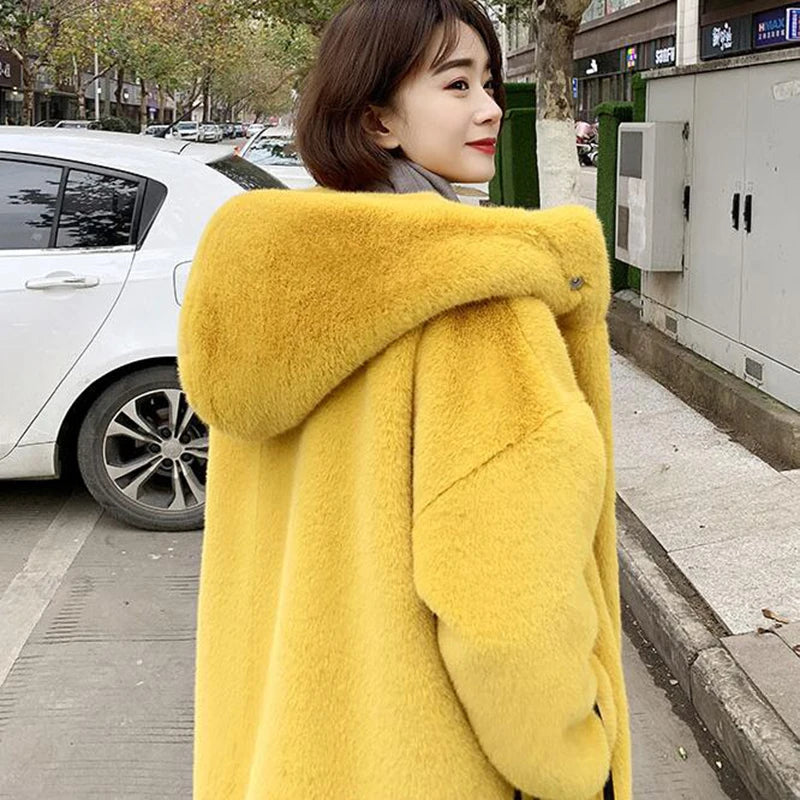 Women's Faux Rabbit Fur Coat, Luxury Long Fur Coat, Hooded OverCoat, Thick & Warm - Plus Sizes