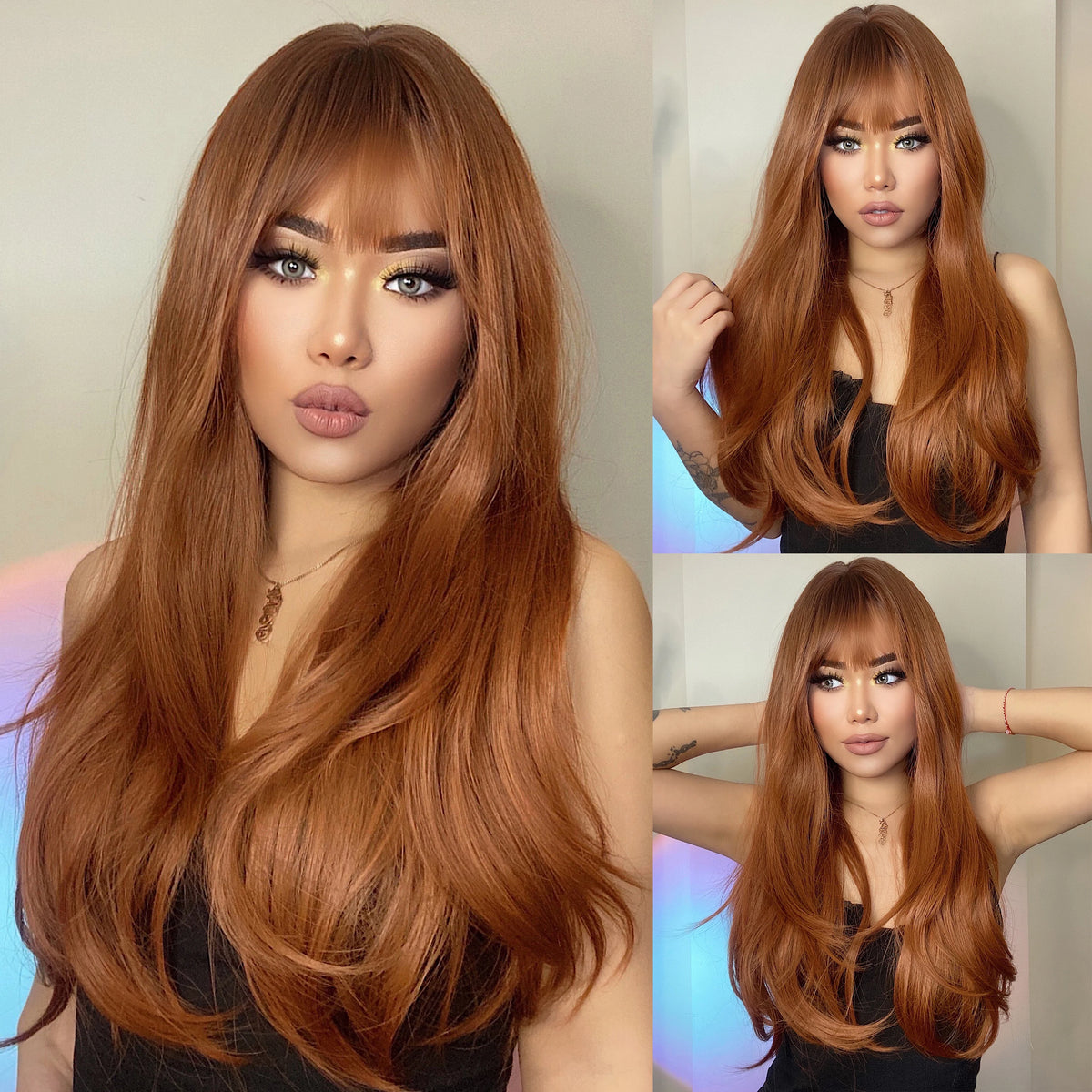 EASIHAIR Light Orange Synthetic Wigs Long Wavy Ombre Natural Hair Wigs with Bangs for Women Cosplay Lolita Wig Heat Resistant SWEET T 52