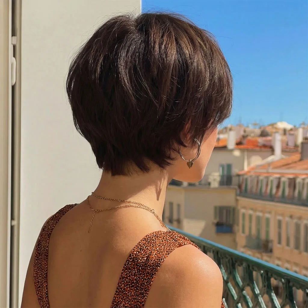 Dark Brown Layered Synthetic Short Wig with Bangs, 8 Inches
