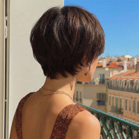 Dark Brown Layered Synthetic Short Wig with Bangs, 8 Inches