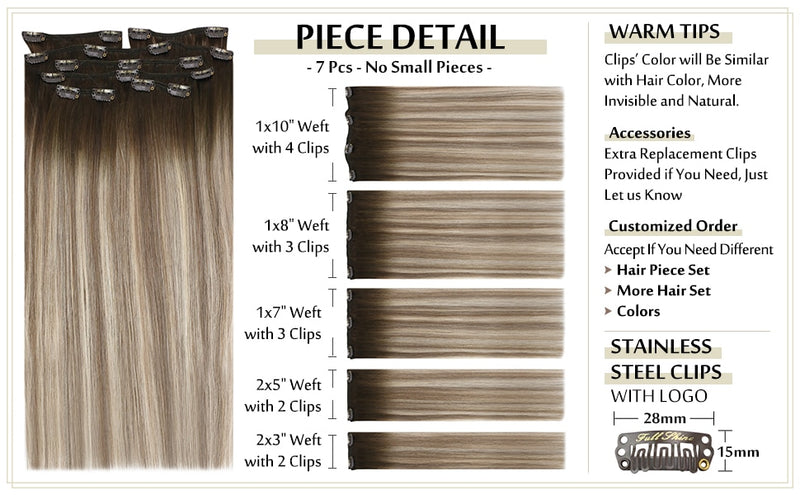 Clip-in Hair Extensions - Human Hair Clips Balayage (Highlights) 7pcs, 120g, Double Weft Human Hair Extensions for Women and Girls, 16 Inches