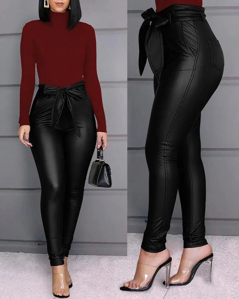 Women's Casual PU Leather Pants, Hip Hop Style Casual Trousers, Elastic Waist, Skinny Pencil Pants.