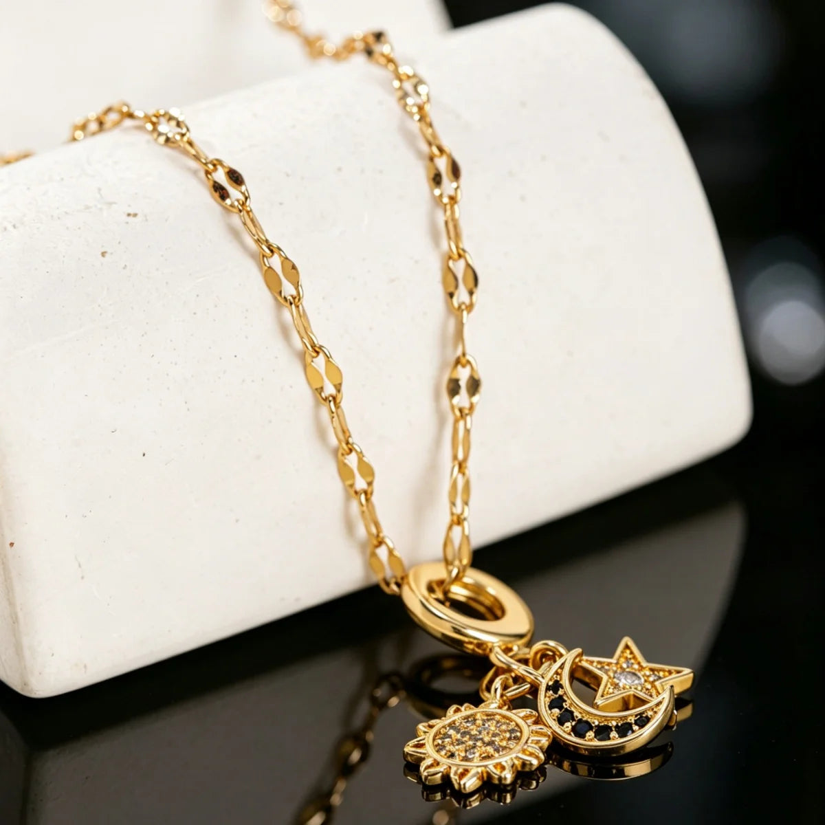 Celestial Sun, Star & Moon Zirconia Pendant Necklace - Gold Stainless Steel