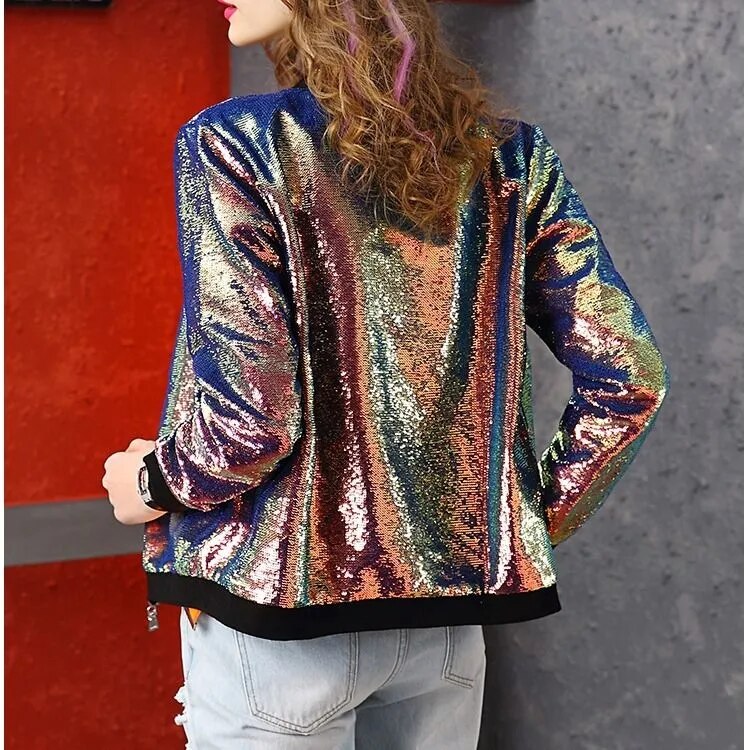 Hip Hop Sequined Night Club Jacket, Rainbow Gradient Patchwork, Round Neck, Long Sleeved Jacket for Women and Girls
