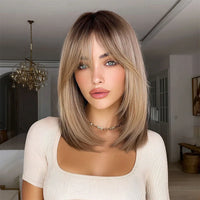 New Beautiful Temperament - 18 Inch Brown Gradient High-gloss Wig, Natural Bangs, Heat-Resistant Fiber